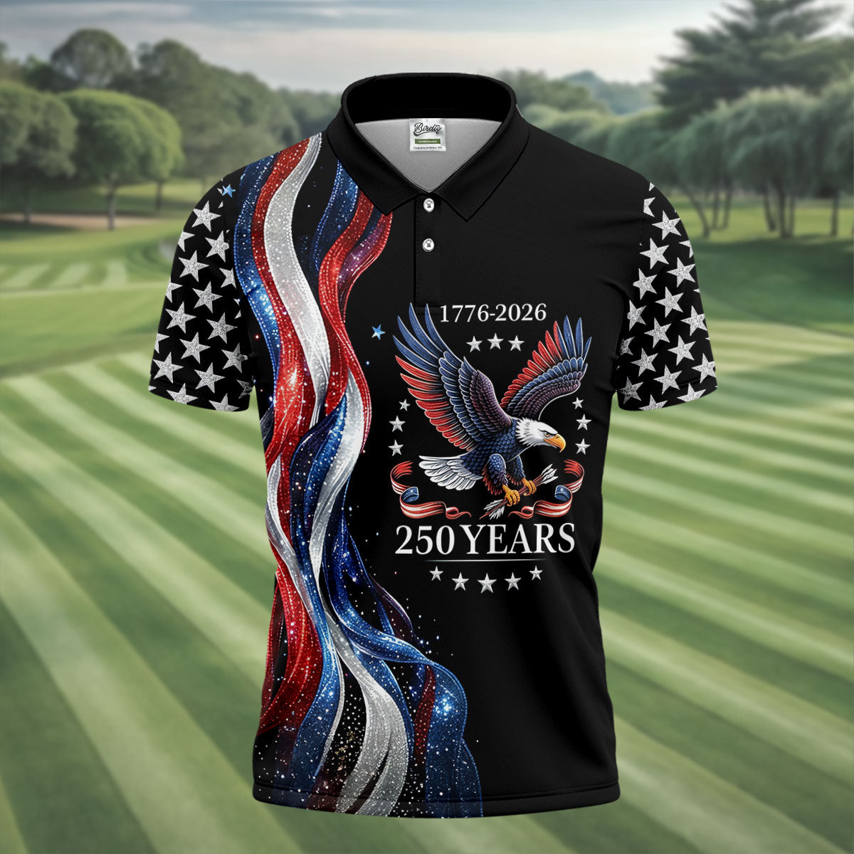 Bald Eagle Red White Blue Wavy Stripes Patriotic Golf Shirt, 250 Years 4th Of July Golf Shirts For Men