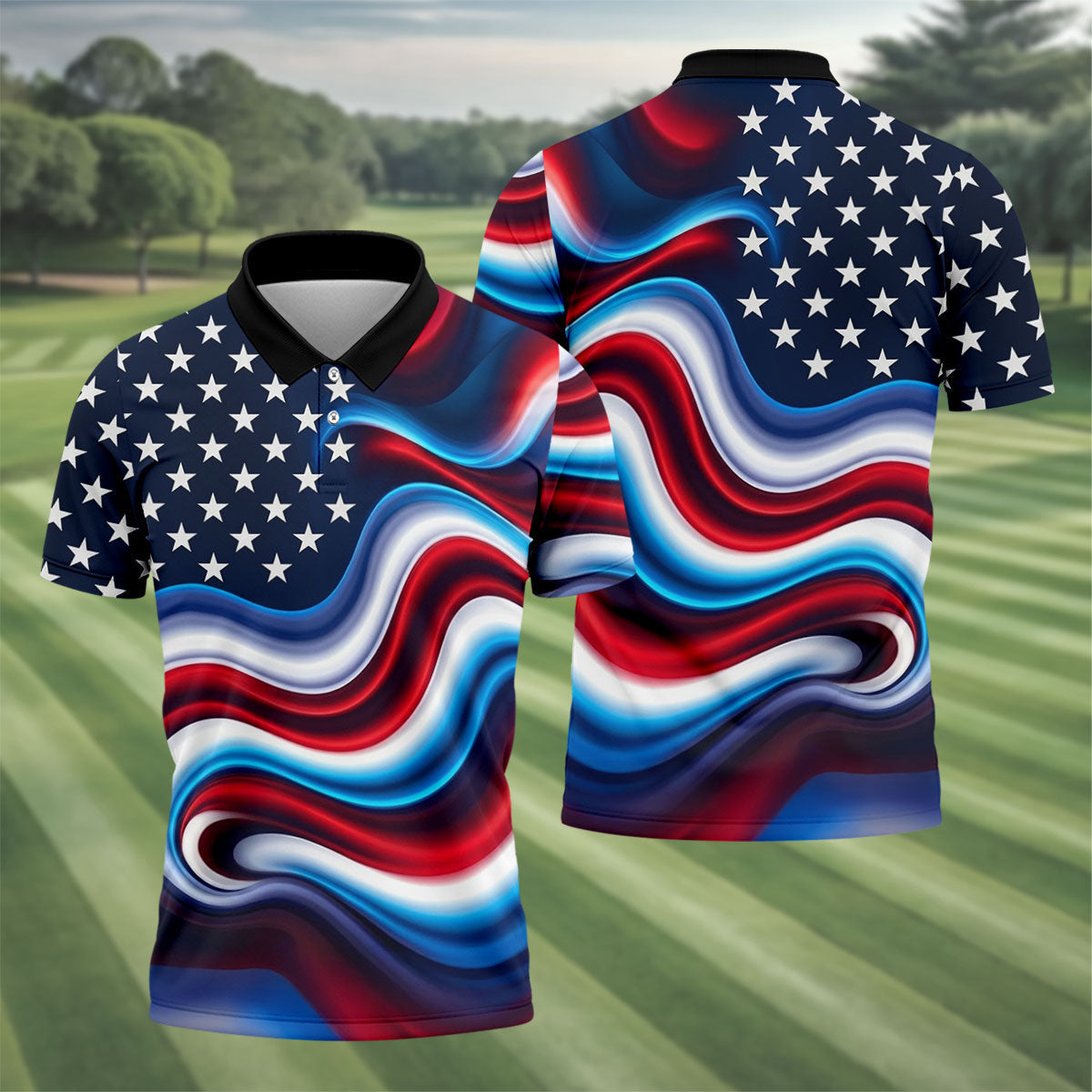 Star Pattern Red White Blue Wavy Stripes 250th Anniversary, Patriotic 4th Of July Golf Shirts For Men