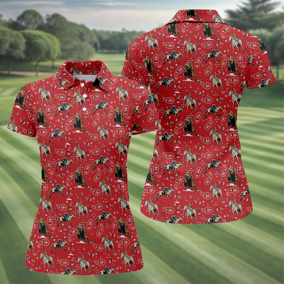 Red Cowboy Horse Paisley Pattern Golf Shirt, Ladies Golf Shirts, Women’s Golf Apparel