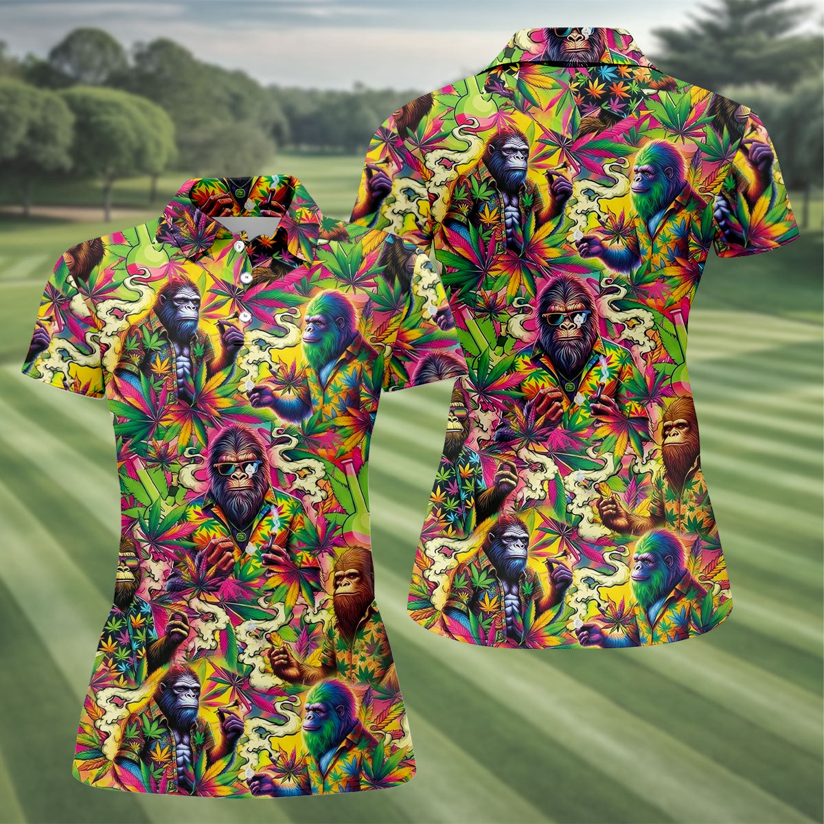 Psychedelic Bigfoot Cannabis Leaf Hawaiian Polo Shirt, Women’s Golf Polo, Golf Shirts For Women