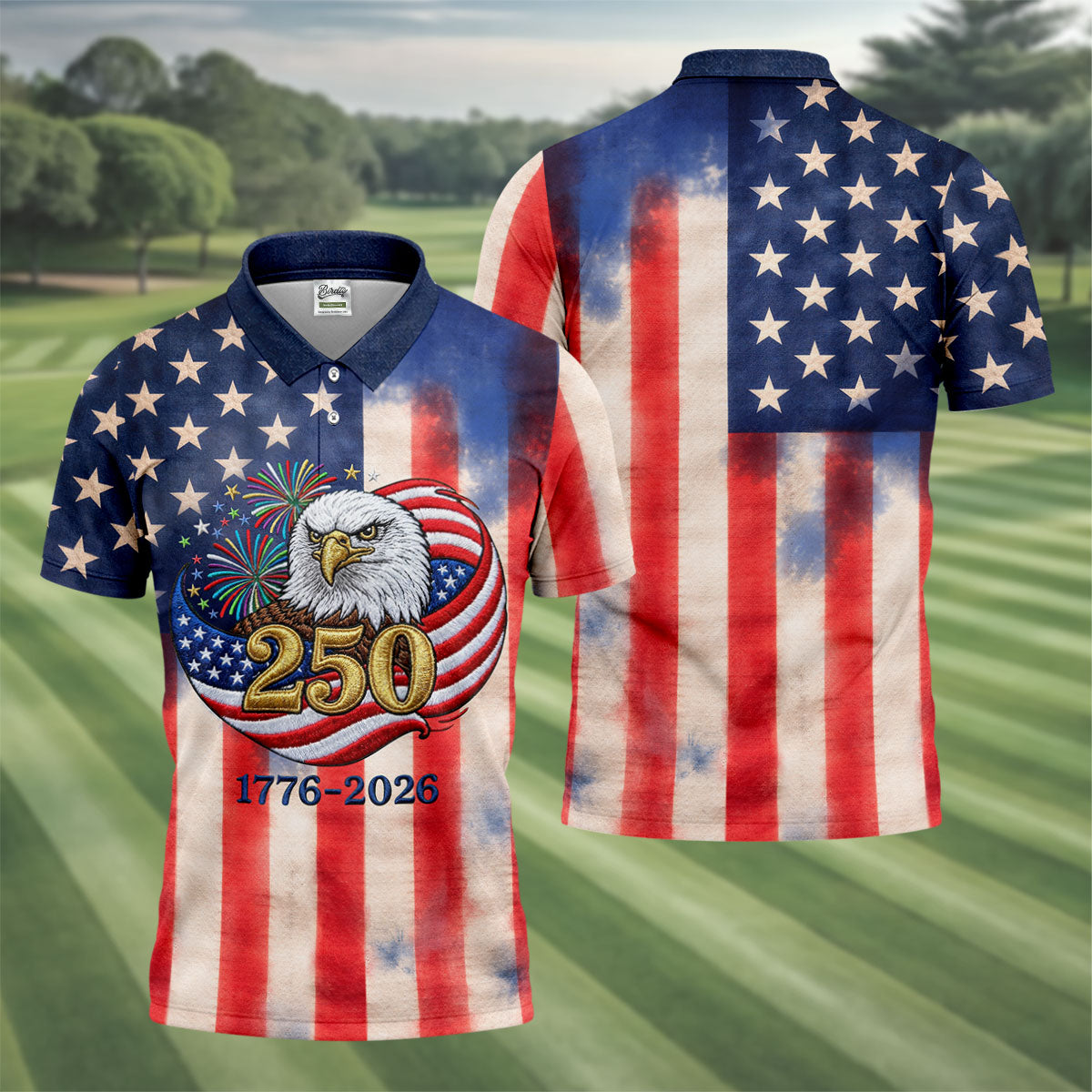 250 Years Bald Eagle US Flag Faded Color Retro Golf Shirt, Patriotic 4th Of July Golf Shirts For Men