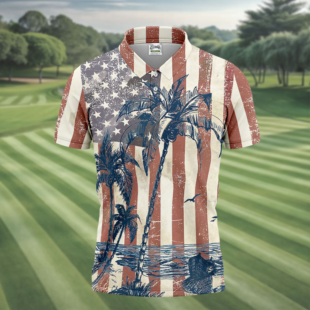 Hawaiian Theme Distressed US Flag Patriotic Golf Shirt, 250 Years 4th Of July Golf Shirts For Men