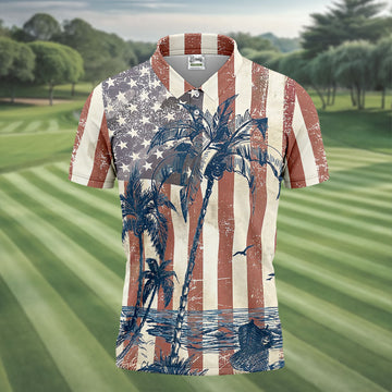 Hawaiian Theme Distressed US Flag Patriotic Golf Shirt, 250 Years 4th Of July Golf Shirts For Men