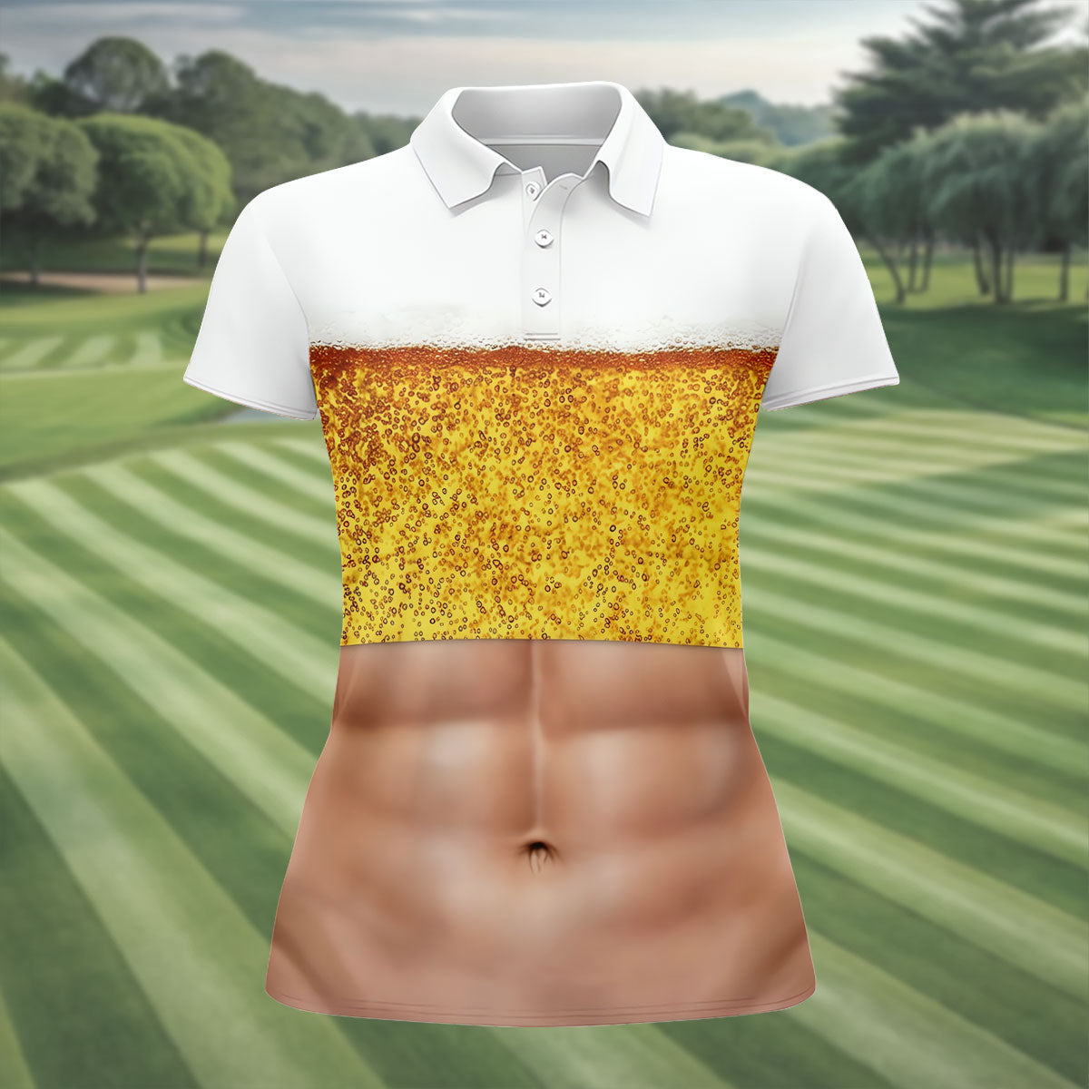 Bubbly Beer Foam Faux Abs Sleeveless Crop Golf Shirt, Golf Tops For Women, Ladies Golf Top