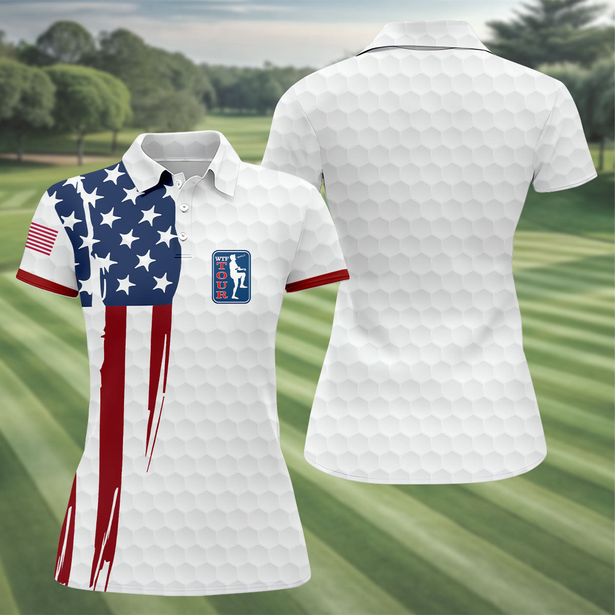 Golf Ball Pattern WTF Tour US Flag 4th Of July Patriotic Golf Shirt, 250th Anniversary Ladies Golf Shirts