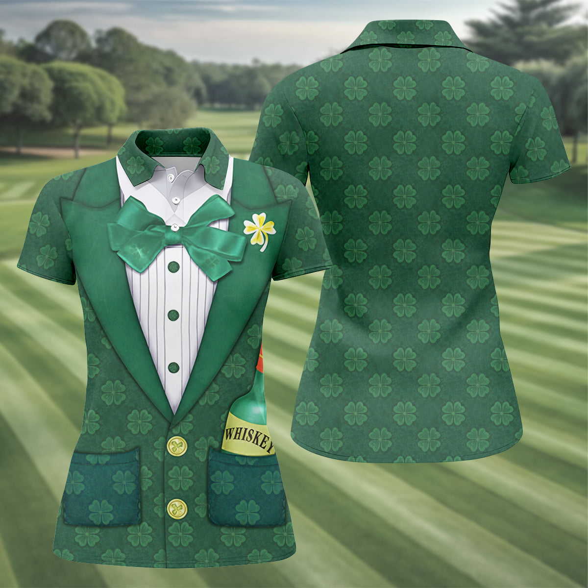 St Patrick's Day Green Shamrock Suit Whiskey Golf Print Golf Shirt, Women's Golf Tops, Ladies Golf Polos