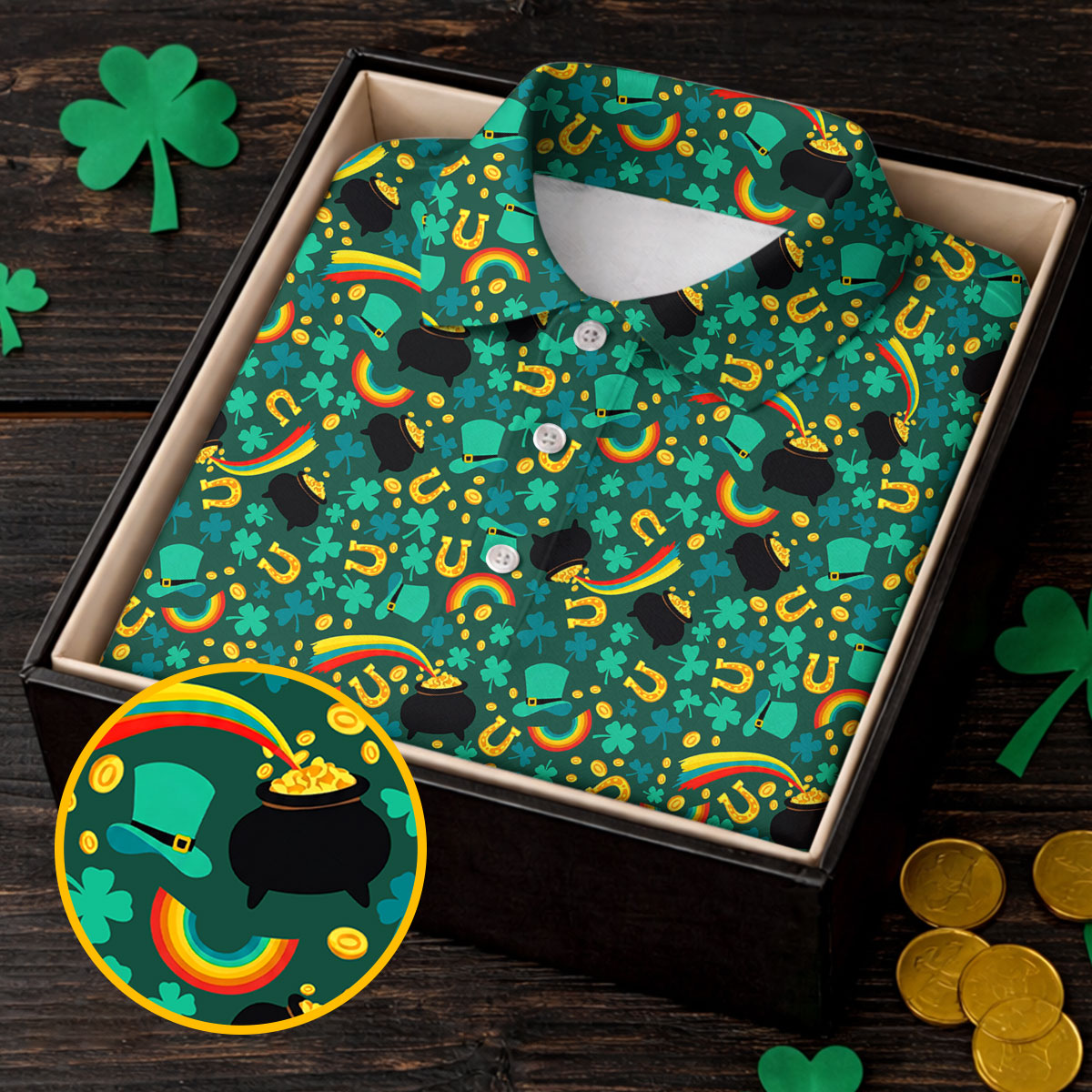 Shamrock Beer Lucky Four Leaf Clover St Patrick's Day Pot Of Gold Polo ShirtFor Men, Golf Gift For Men