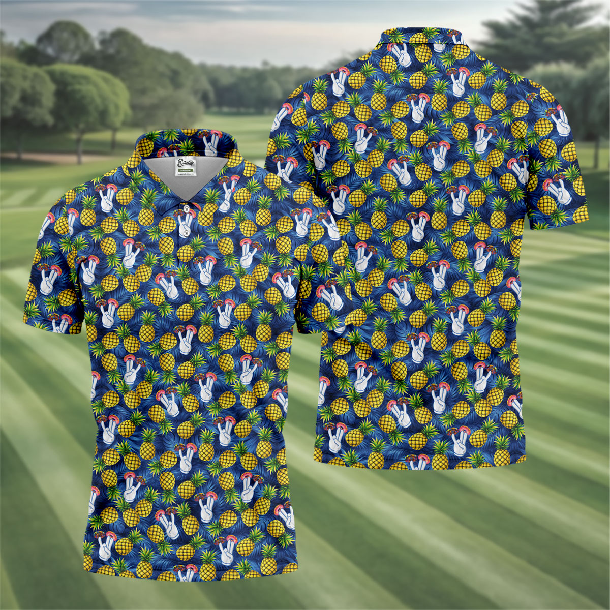 Hawaiian Pineapples Donut Finger Blue Green Yellow Fun Golf Shirts For Men, Polo ShirtFor Men