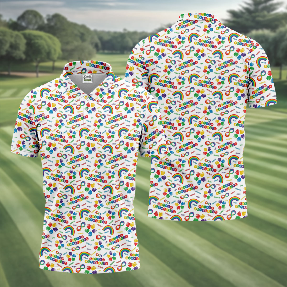 Autism Awareness Rainbow Pattern Colorful Handprints White Golf Shirt, Polo ShirtFor Men