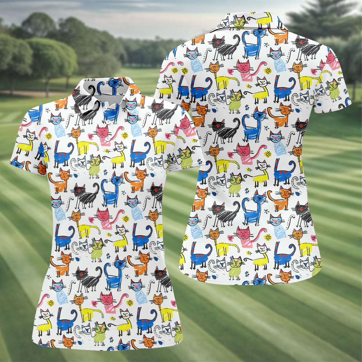 Cartoon Cat Golf Shirt, Colorful Doodle Cat Pattern, Polo Shirts For Women