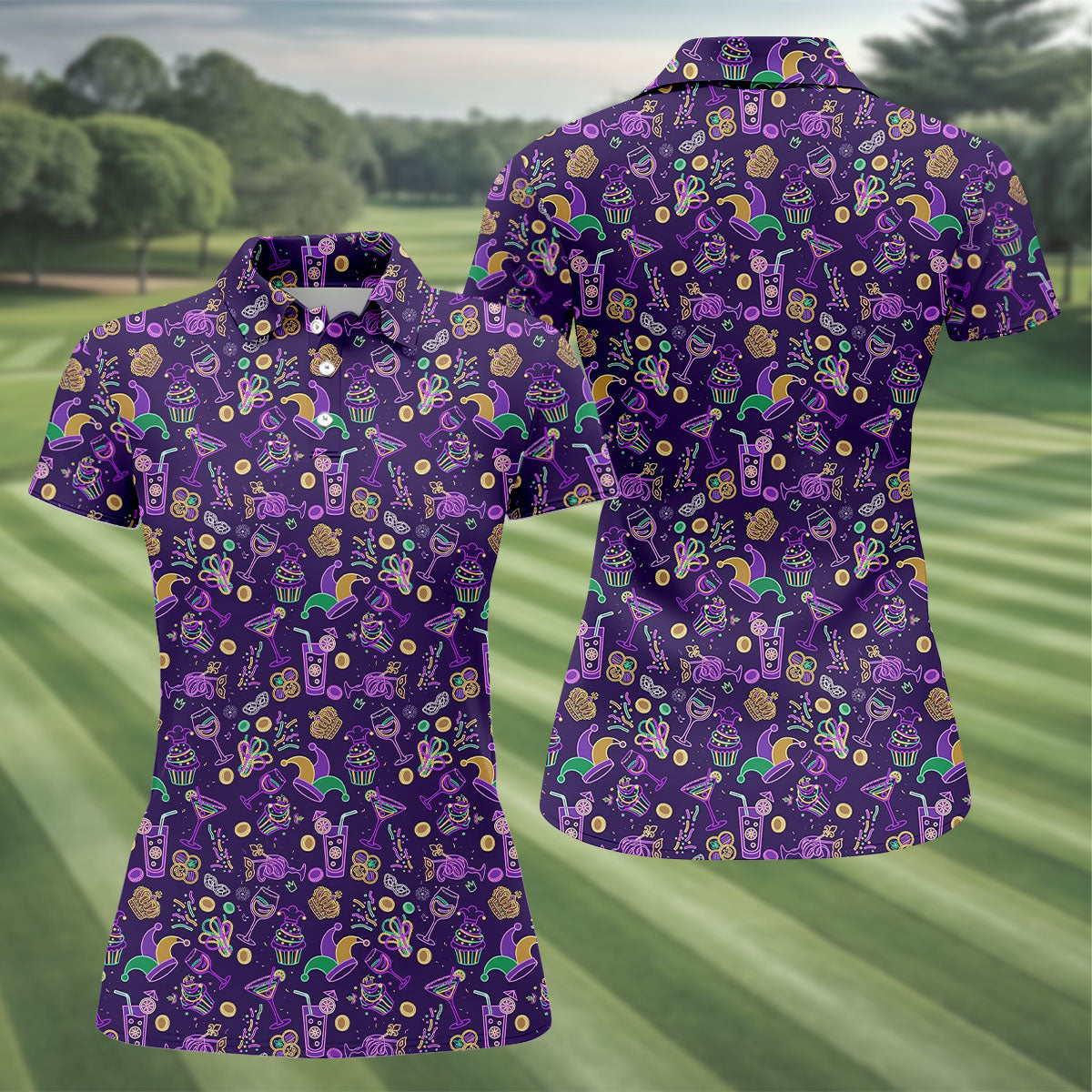 Mardi Gras Food Green Gold Purple Women's Golf Tops, Women's Golf Shirts, Ladies Golf Polos