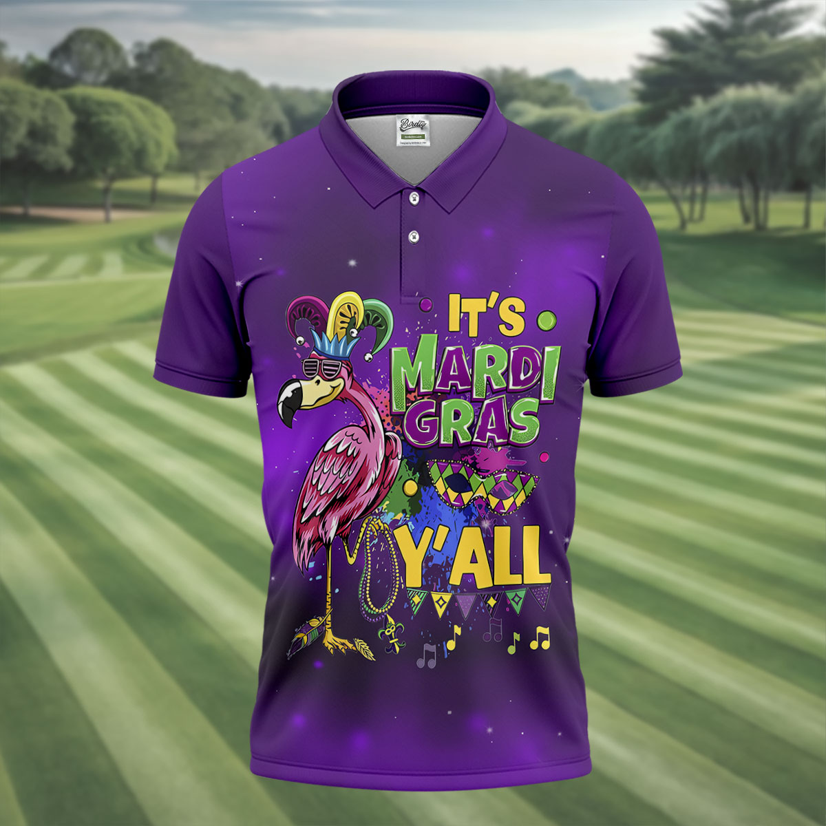 It's Mardi Gras Y'All Funny Flamingo Purple Golf Shirt, Polo ShirtFor Men, Golf Shirts For Men