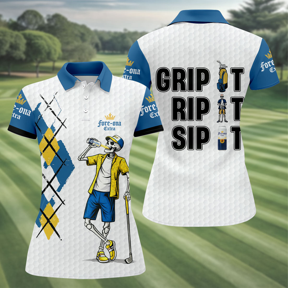 Blue Yellow Skeleton Golfer Beer Polo Shirt, Women’s Golf Apparel, Golf Shirts For Women