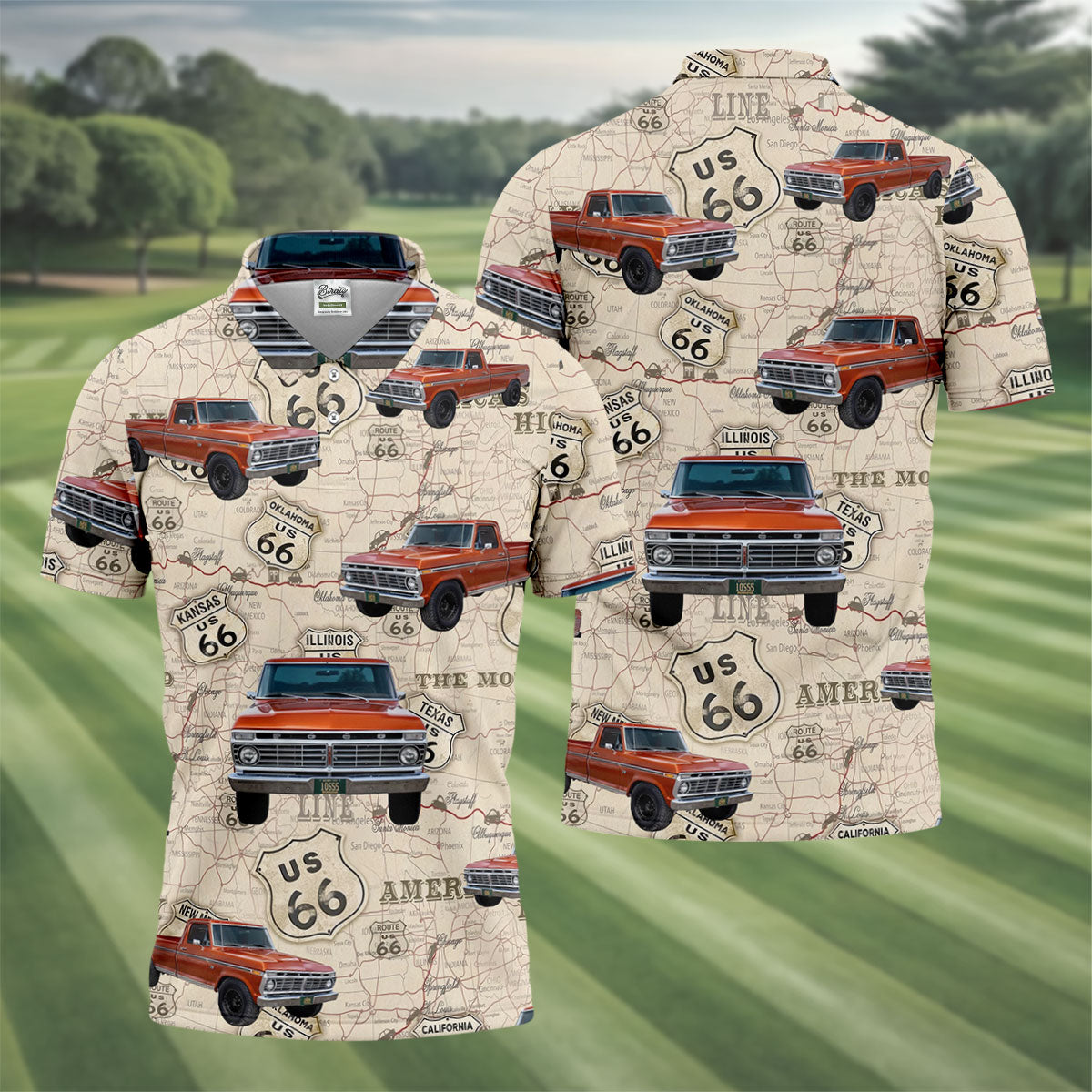 Custom Photo Truck Golf Shirt, Vintage Pickup Route 66 Map Pattern, Golf Shirt For Men