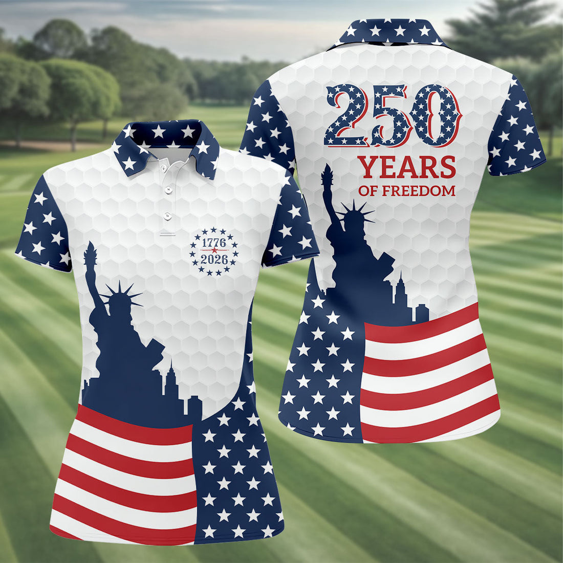 250 Years Of Freedom Golf Ball Pattern American Flag Golf Shirt, Patriotic 4th Of July Golf Shirt For Women