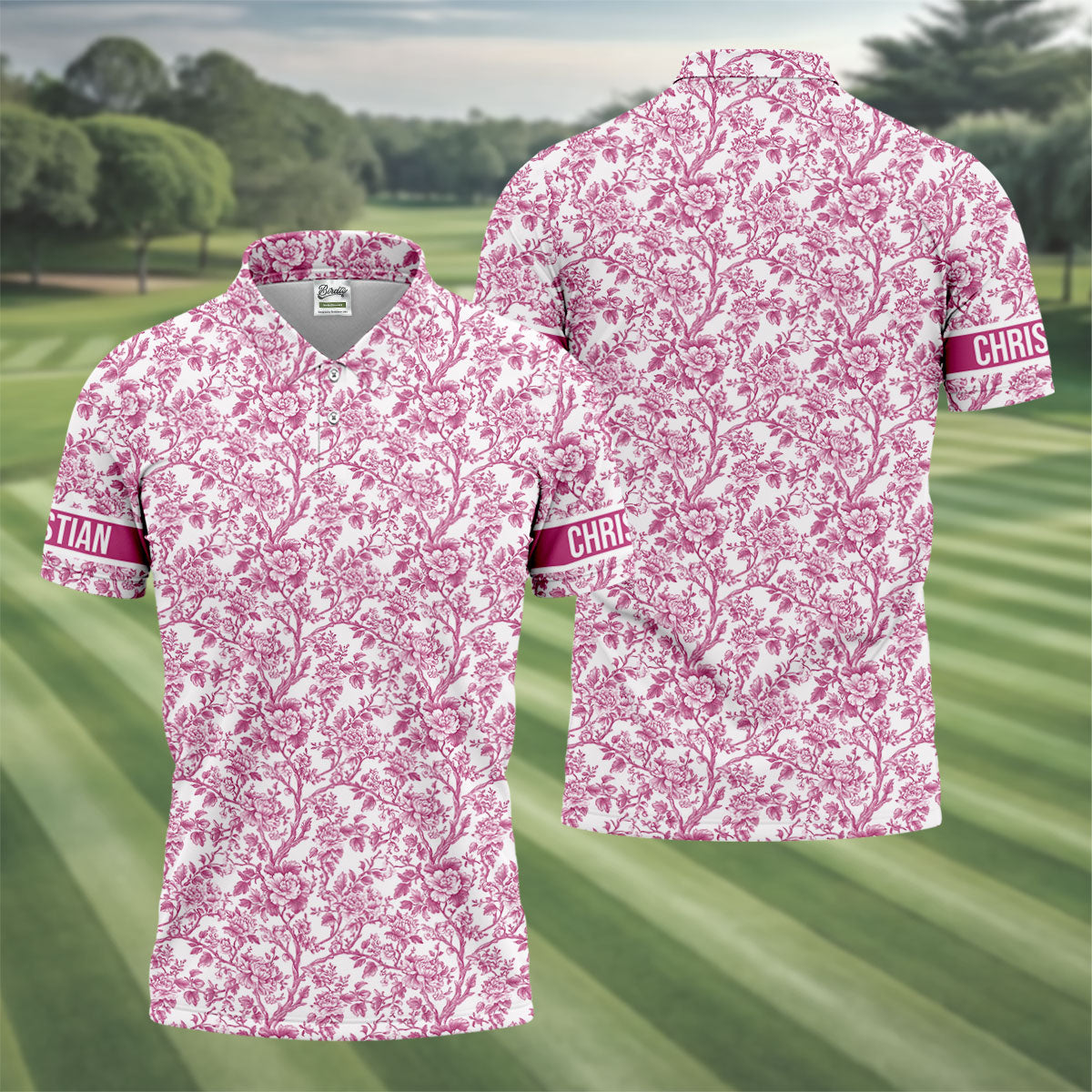 Toile De Jouy Pink Golf Shirt, Golf Tops For Men, Polo ShirtFor Men, Golf Gift For Men, Golf Shirts For Men