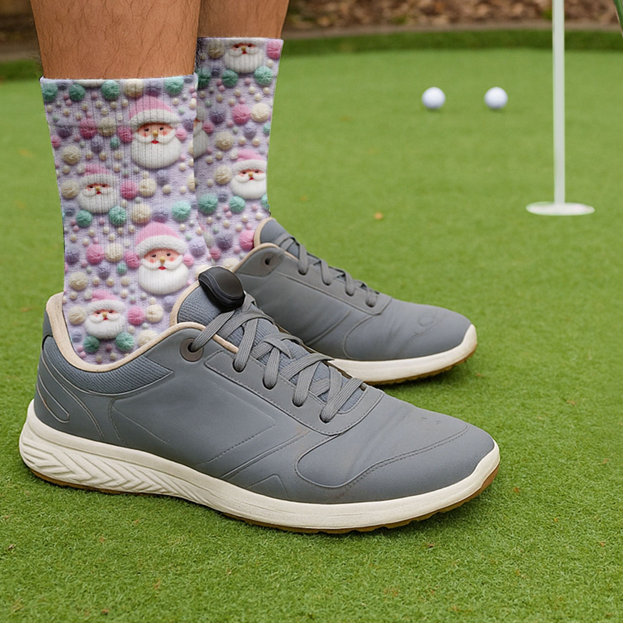 Knit Santa Pastel Pattern Golf Sock, Funny Golf Socks, Christmas Golf Gift, Golf Accessory