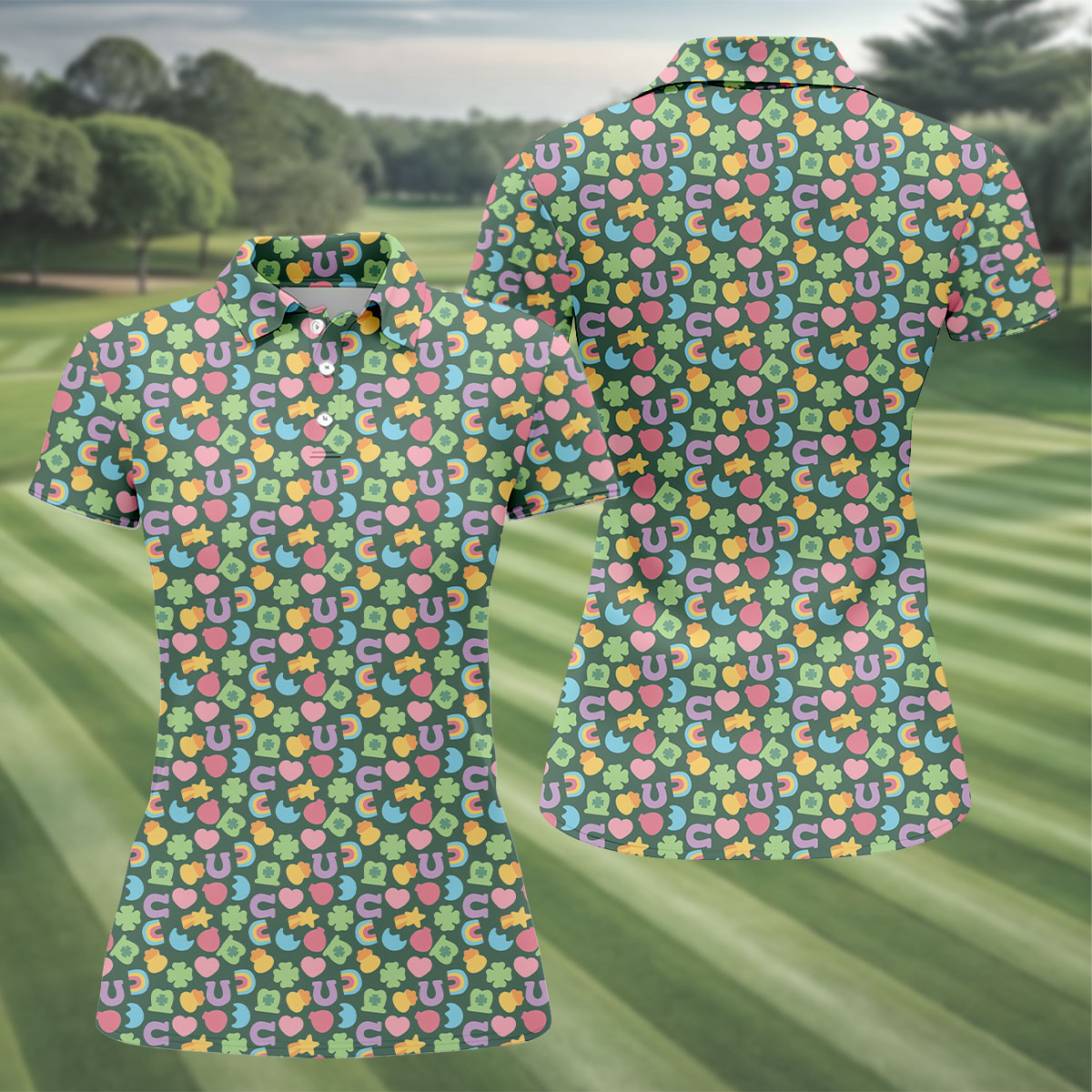 St Patrick's Day Lucky Charms Green Golf Shirt, Cute Golf Outfit, Women's Golf Tops, Ladies Golf Polos