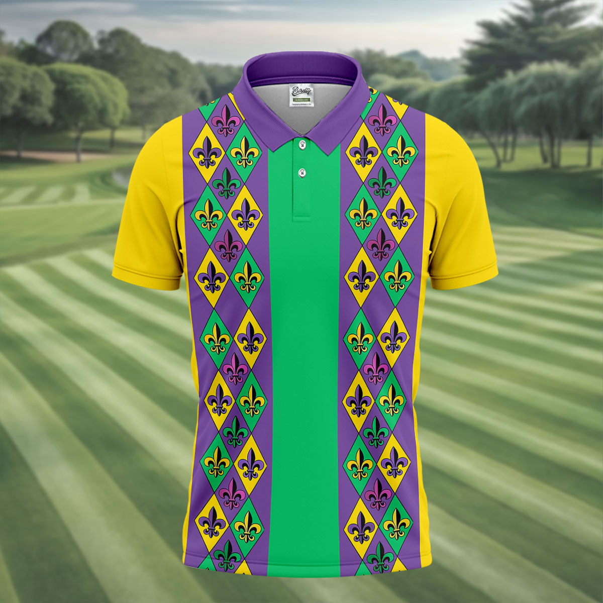 Purple Green Gold Fleur De Lis Argyle Pattern Mardi Gras Golf Shirt, Golf Shirts For Men, Polo ShirtFor Men