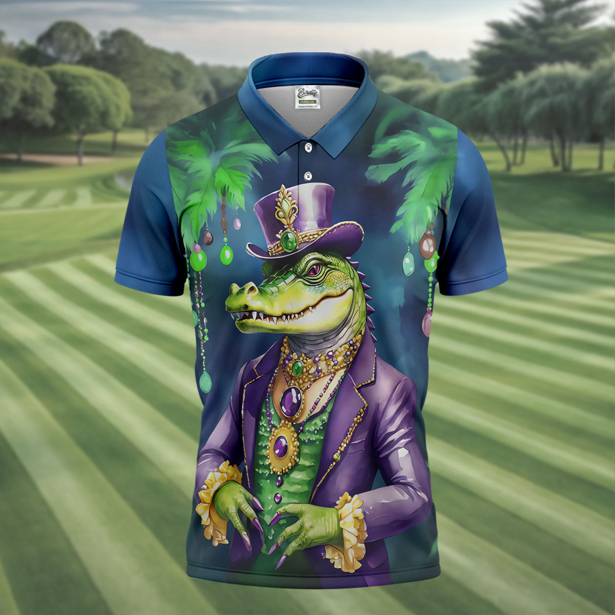 Mardi Gras Alligator Navy Golf Shirt, Men's Funny Golf Shirts, Polo ShirtFor Men, Golf Shirts For Men
