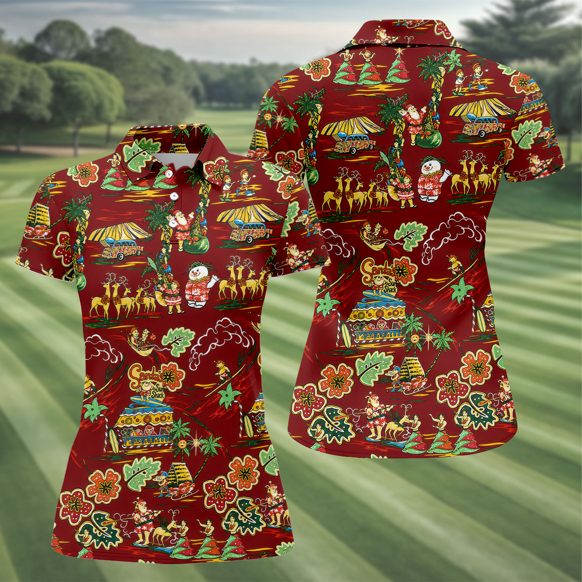 Women's Tropical Santa Surf Shack Golf Shirt, Christmas Golf Shirt, Women’s Golf Apparel