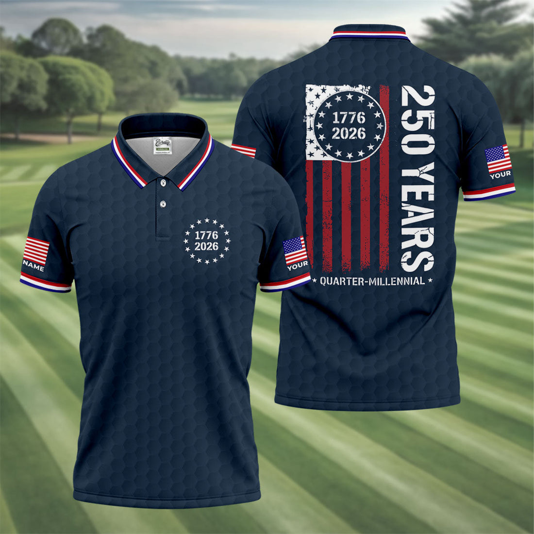 250 Years Quarter Millennnial Golf Ball Pattern Navy Patriotic Golf Shirt, 4th Of July Golf Shirts For Men