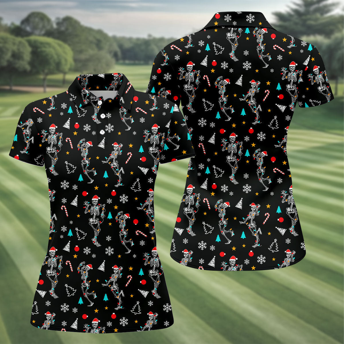 Skeleton Christmas Fun Women's Golf Shirts, Christmas Golf Shirt, Ladies Golf Polos, Cool Golf Gift