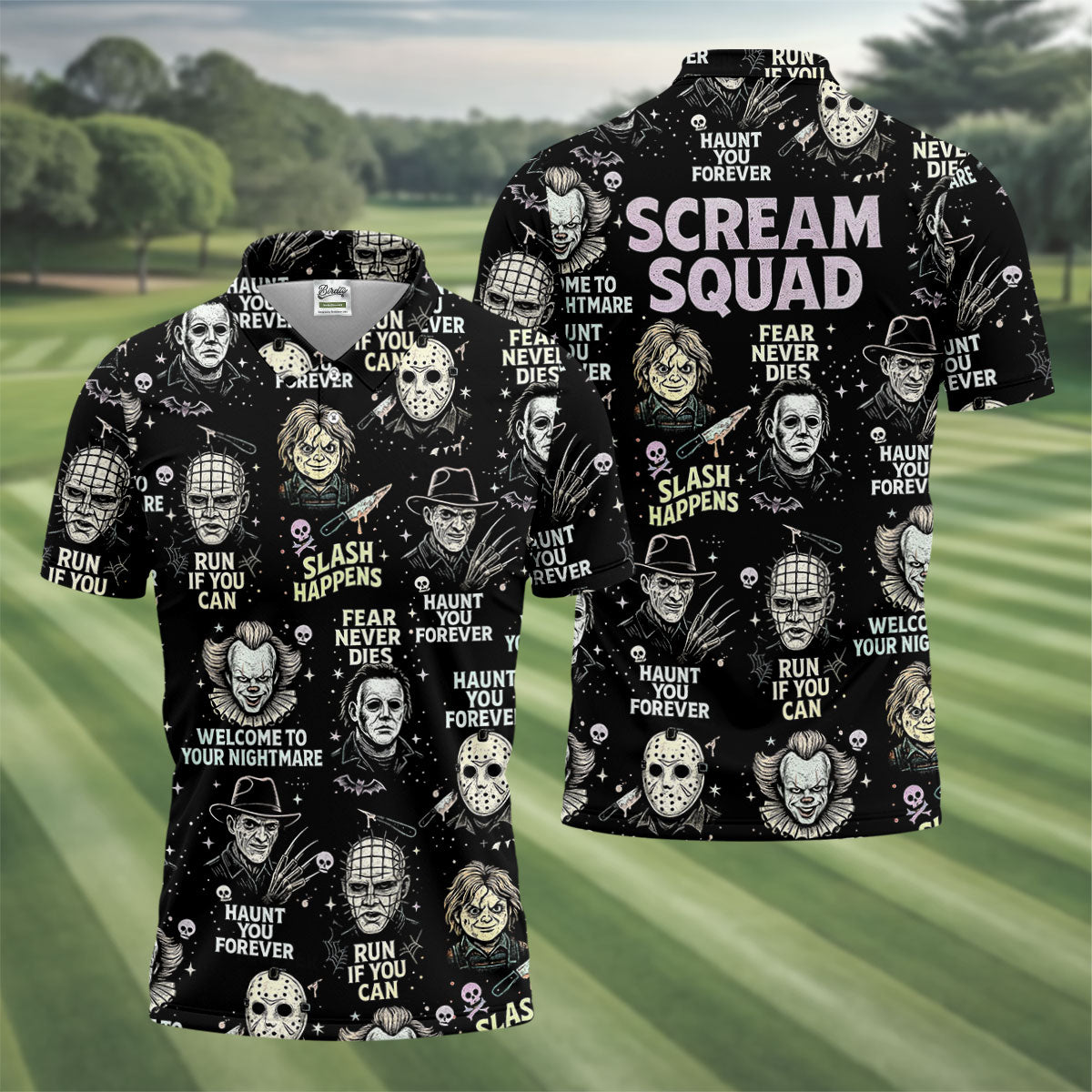 Scream Squad Horror Halloween Character Halloween Polo Shirt Horror Movie Shirt, Men's Golf Polo