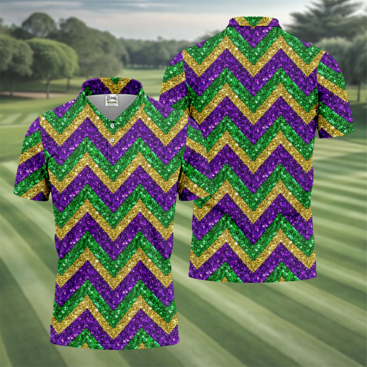 Mardi Gras Purple Gold Green Zigzag Pattern Glitter Print Golf Tops For Men, Polo ShirtFor Men, Golf Shirts For Men