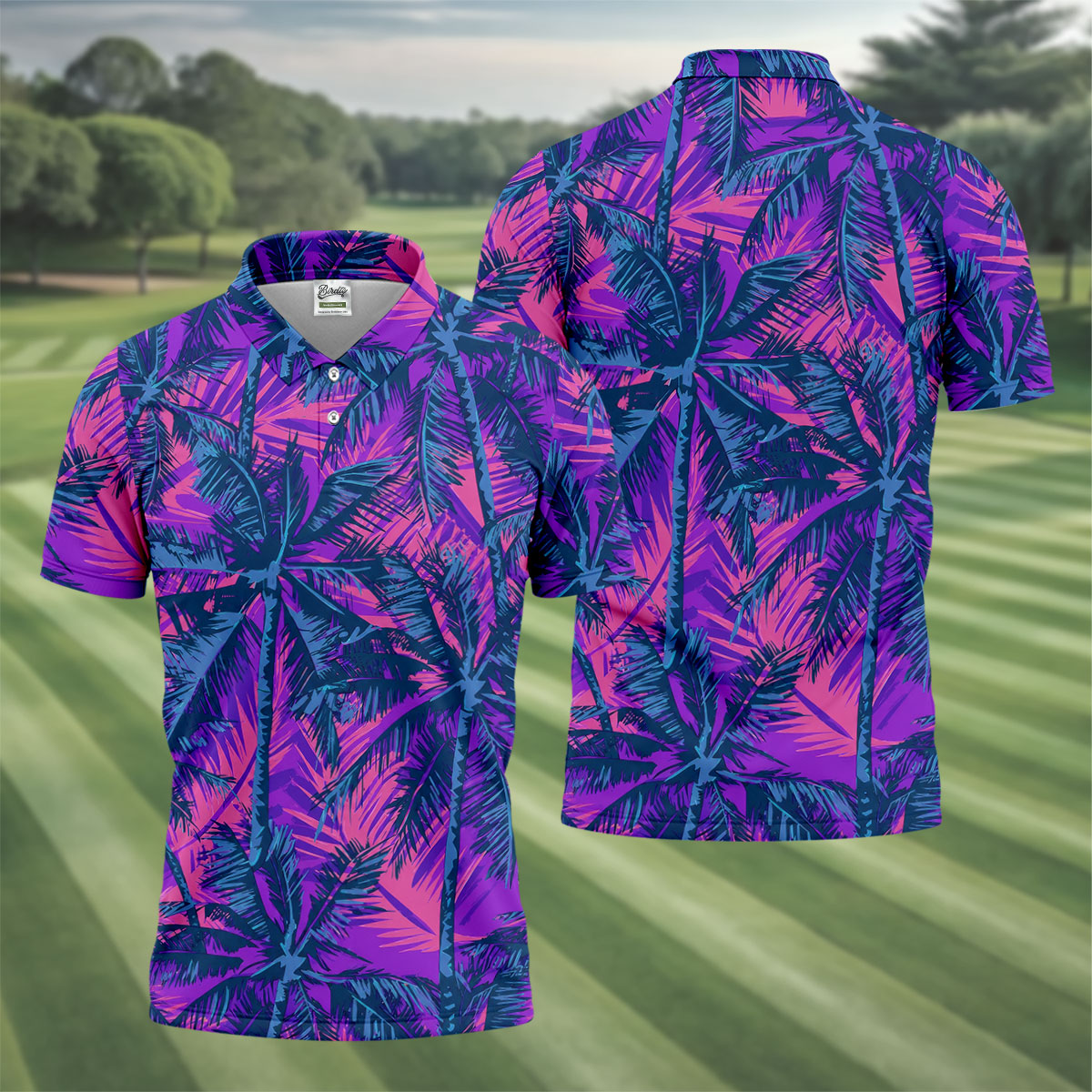 Purple Pink Tropical Palm Trees Golf Shirt, Mens Golf Polo, Printed Golf Shirts