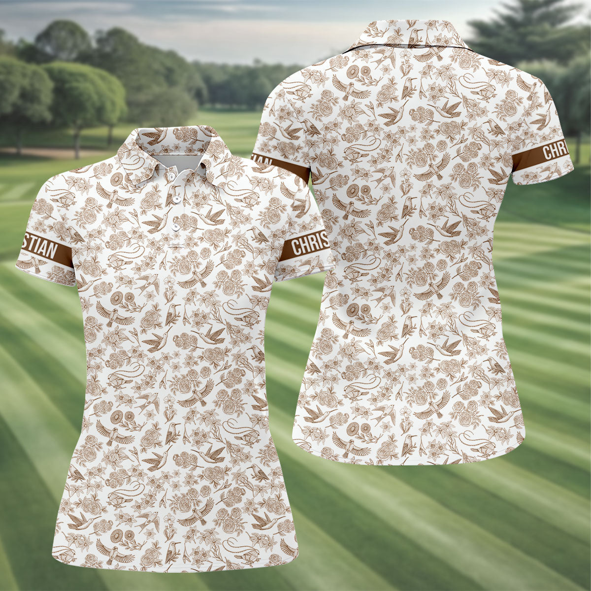 Custom Name Toile de Jouy Birds And Flowers Brown Golf Shirt, Women Golf Top, Ladies Golf Polos