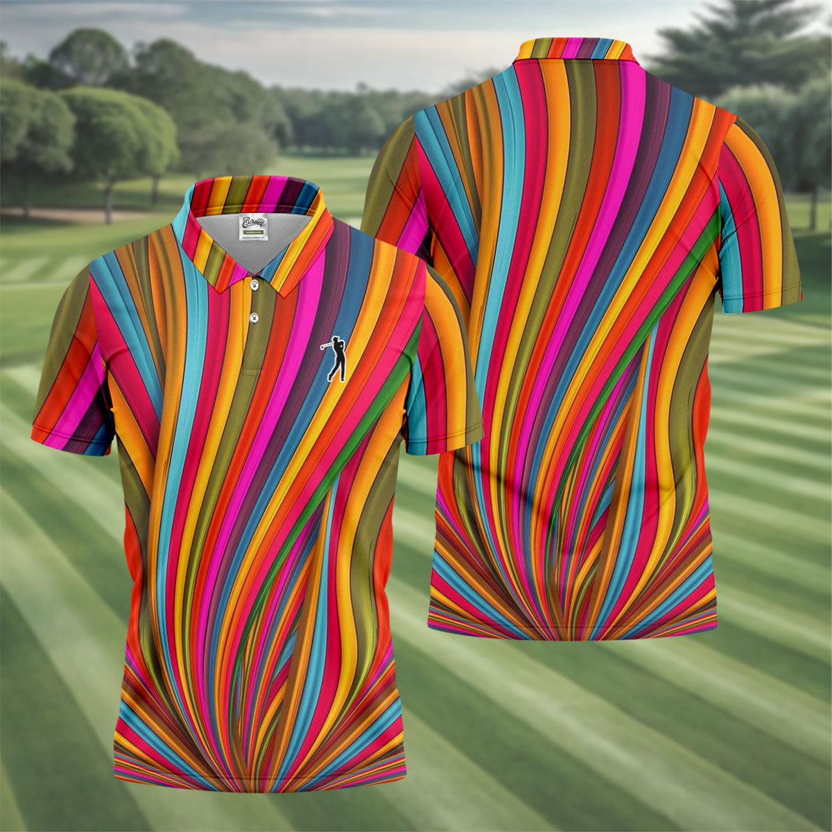 Rainbow Wave Golfer Silhouette Cinco De Mayo Celebration Fiesta Themed Golf Shirts For Men