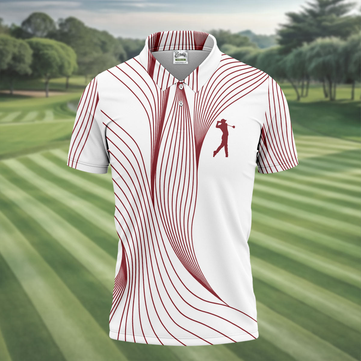 Geometric Line Wavy Line Maroon And White Golf Shirts For Men, Men's Golf Shirt, Polo Shirt Men