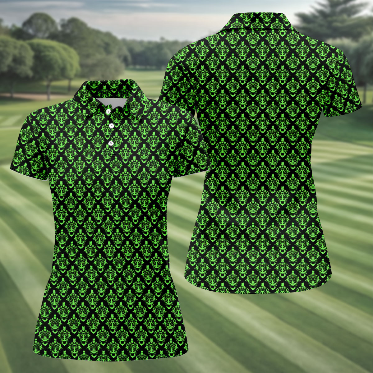 Neon Green Horror Character Pattern Golf Shirt, Women’s Golf Polo, Halloween Golf Shirt