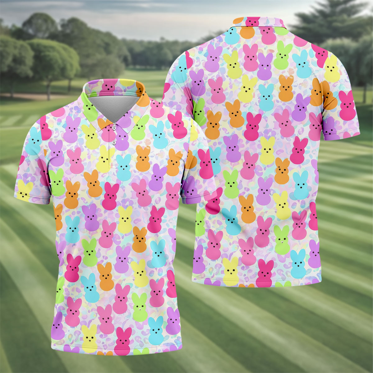 Pastel Easter Peeps Golf Shirts For Men, Cute Golf Outfit, Men's Funny Golf Shirts, Polo Shirt Men