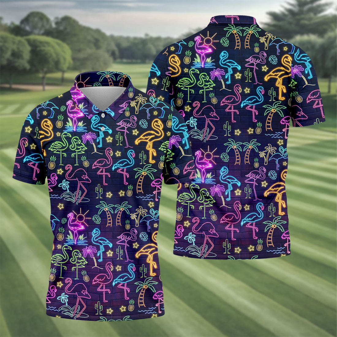 Neon Flamingo Tropical Night Golf Shirt, Golf Polo Shirts For Men, Hawaiian Golf Shirt, Mens Golf Apparel