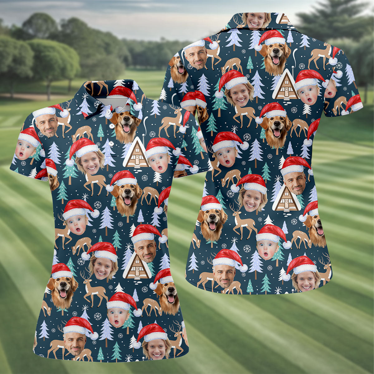 Custom Face Pine Tree Reindeer Dark Teal Green Christmas Golf Shirt, Golf Gifts For Women