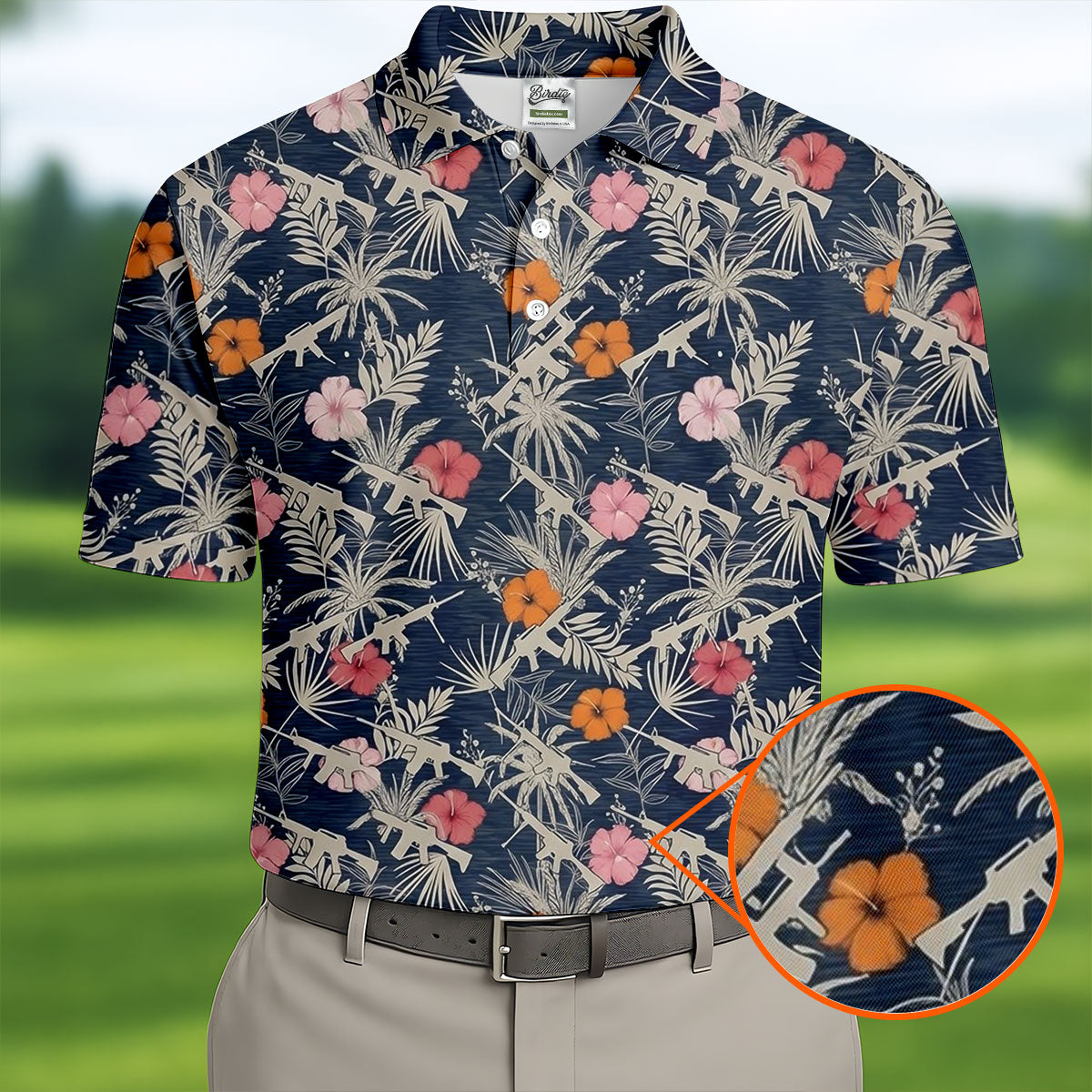 Hawaiian Hibicus Military Theme Navy Golf Shirt, Golf Shirts For Men, Polo ShirtFor Men
