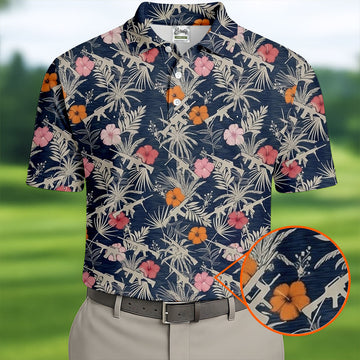 Hawaiian Hibicus Military Theme Navy Golf Shirt, Golf Shirts For Men, Polo ShirtFor Men