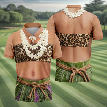 Floral Lei Tropical Theme Party Leopard Print Hawaiian Golf Shirt, Polo Shirtor Men