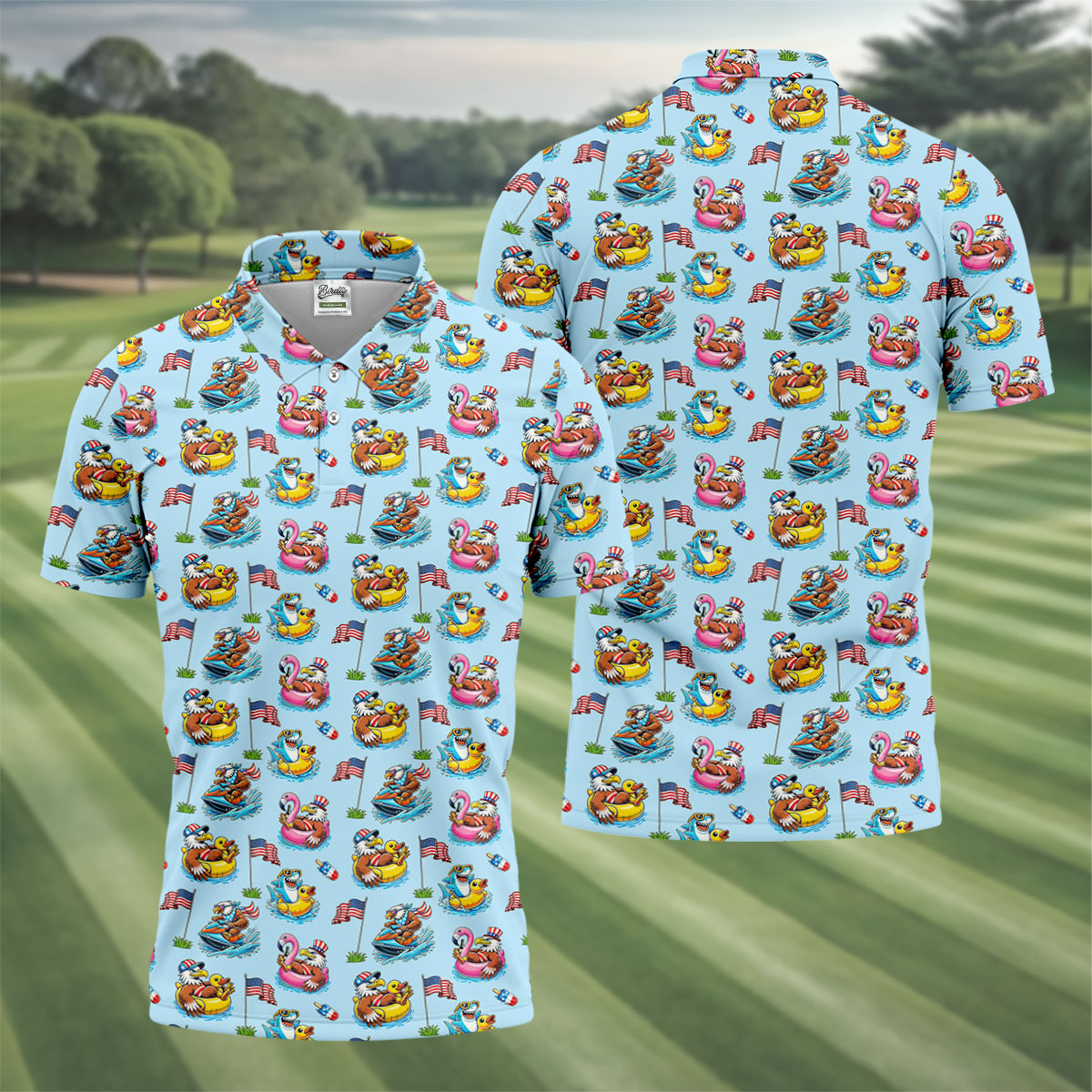 Eagle Shark Summer Theme Patriotic Party 4th Of July Golf Shirt, 250th Anniversary Golf Shirts For Men