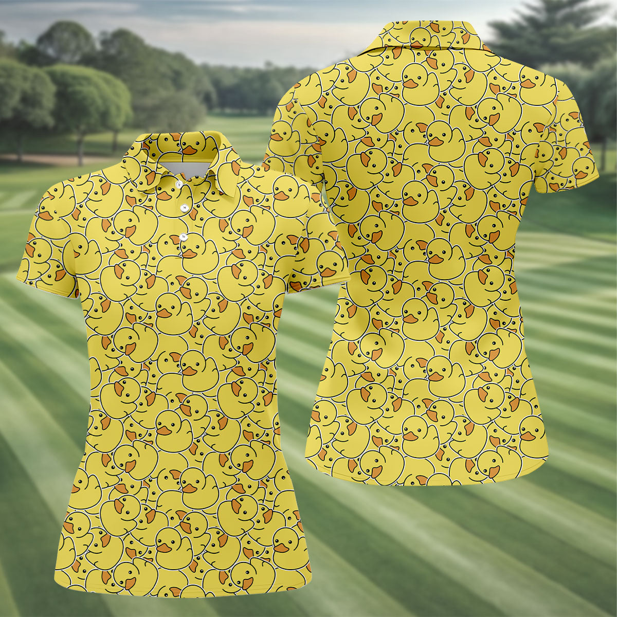 Cute Yellow Rubber Duck Pattern Golf Shirt, Hawaiian Golf Shirt, Golf Tops For Women, Printed Golf Shirt