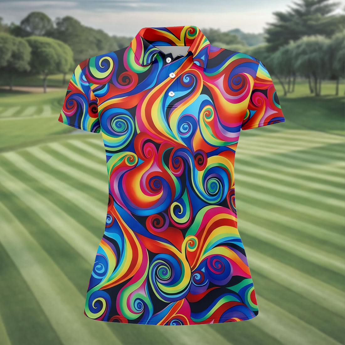 Colorful Rainbow Swirl Abstract Golf Shirt, Ladies Golf Shirts, Women’s Golf Apparel, Performance Golf Shirt