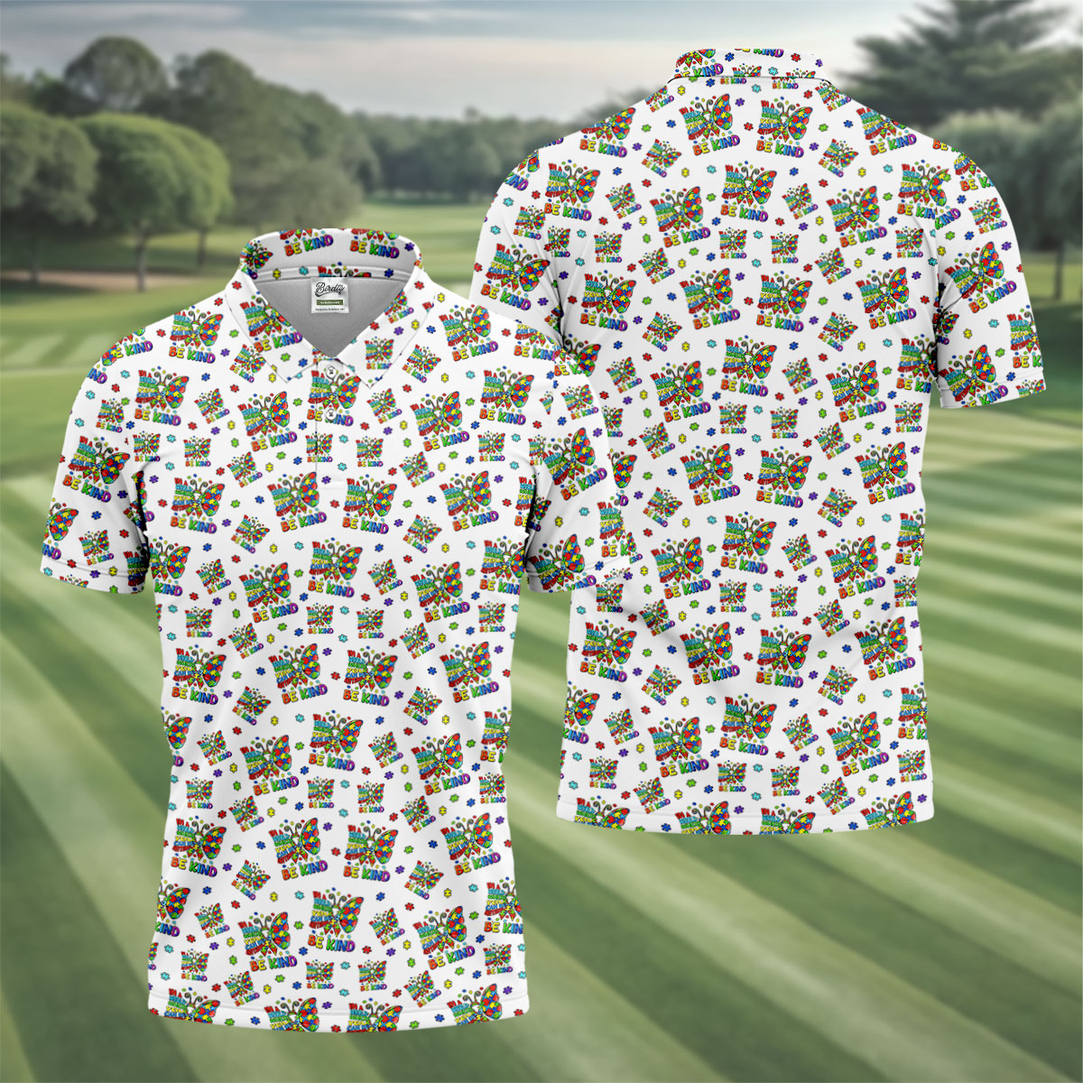 In A World Where You Can Be Anything Be Kind Rainbow Butterfly Autism Awareness White Golf Shirt, Golf Shirts For Men