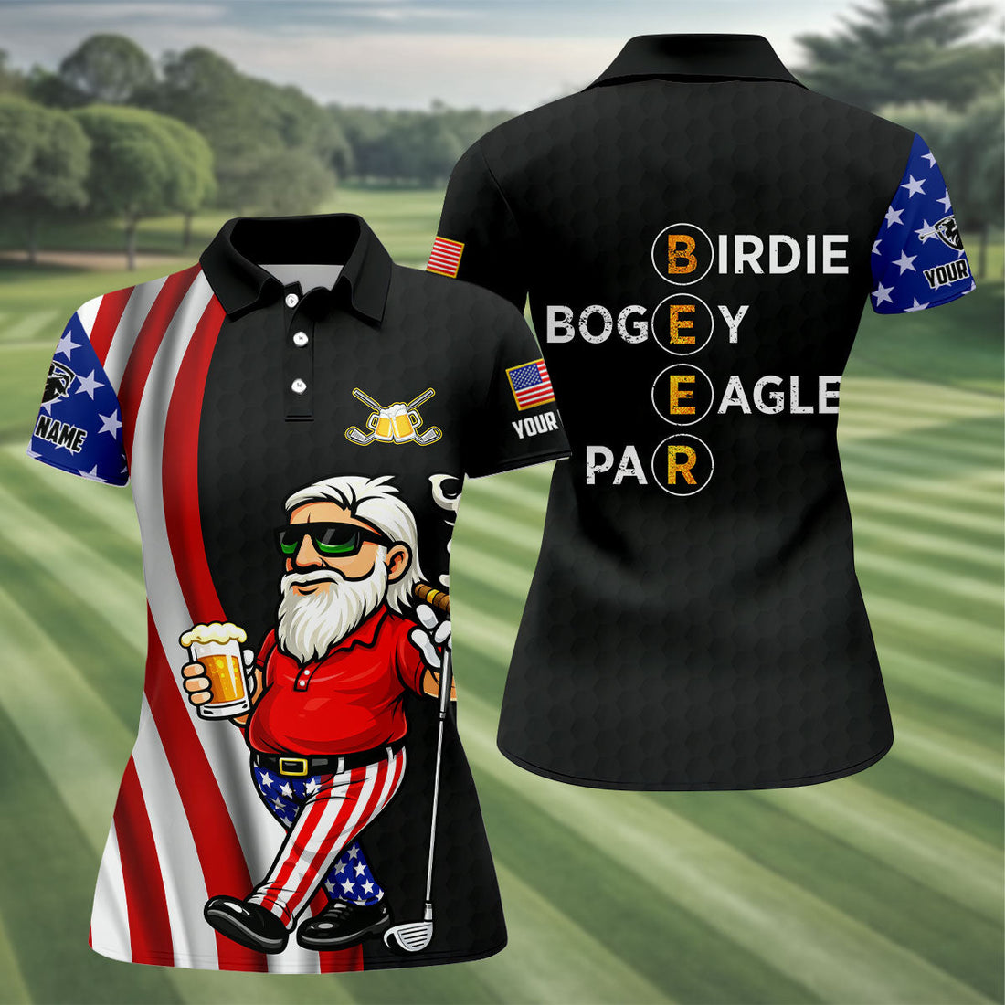 Patriotic Man Golf And Beer Funny 4th Of July Black Golf Shirt, 250 Years Of America Women's Golf Tops
