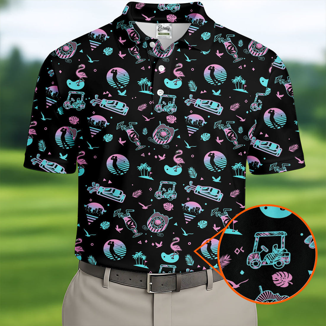 Flamingo Tropical Gradient Colors Retro Golf Shirt, Golf Tops For Men, Golf Shirts For Men