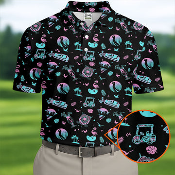 Flamingo Tropical Gradient Colors Retro Golf Shirt, Golf Tops For Men, Golf Shirts For Men