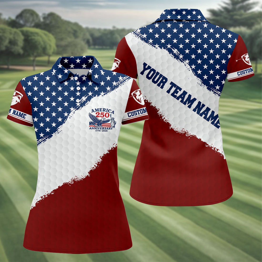 Red White Blue Splatter Paint Golf Ball Pattern 4th Of July Golf Shirt, 250th Anniversary Golf Shirt For Women