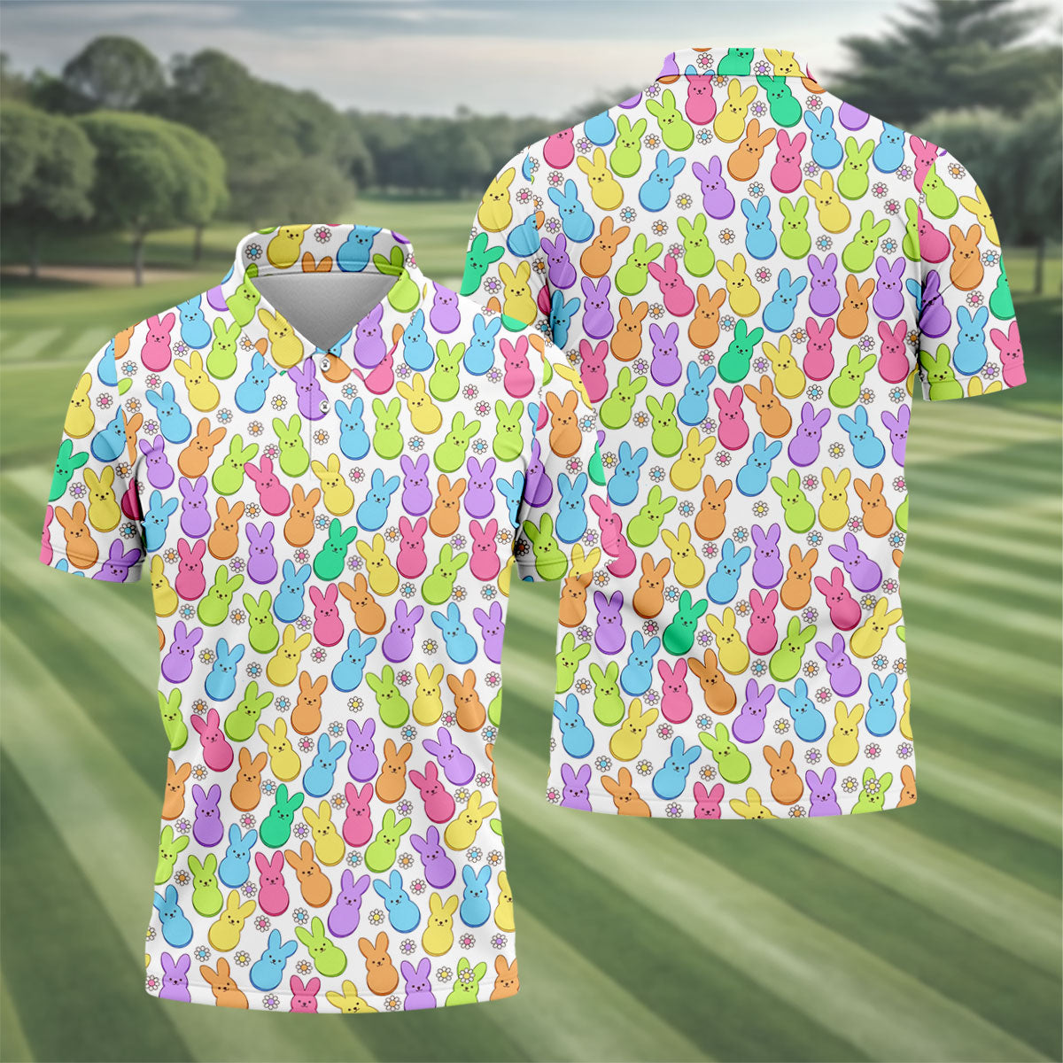 Pastel Easter Peeps Daisy Pattern Golf Shirts For Men, Cute Golf Outfit, Polo Shirt Men