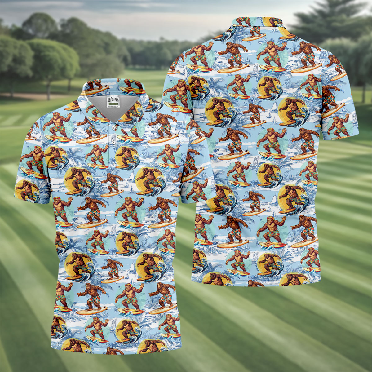 Surfing Bigfoot Hawaiian Golf Shirt, Mens Golf Shirts, Golf Apparel For Men